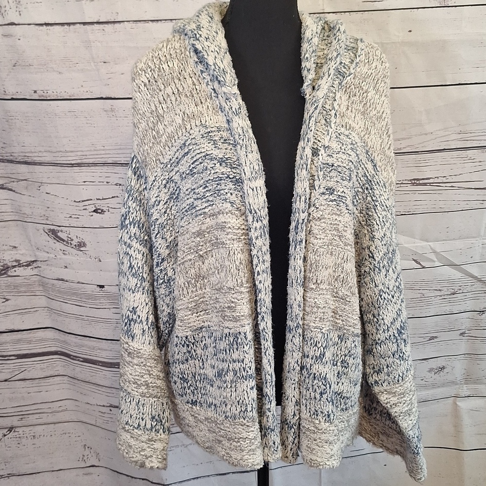 Blush Noir Hooded Open Cardigan Sweater Blue Cream Marled Knit Boho Sz. M #1130 - Picture 2 of 7